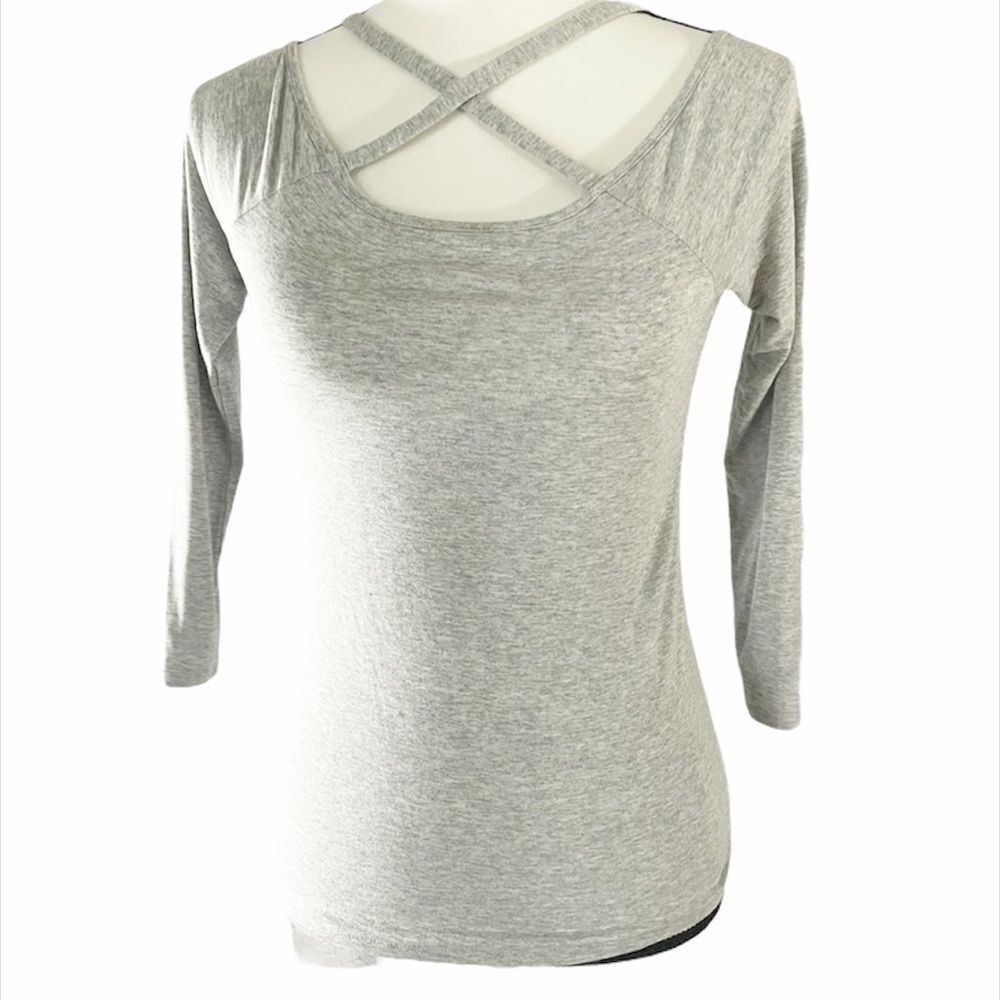 🟢1. State Grey Cross Neck  3/4 Sleeve Top XS